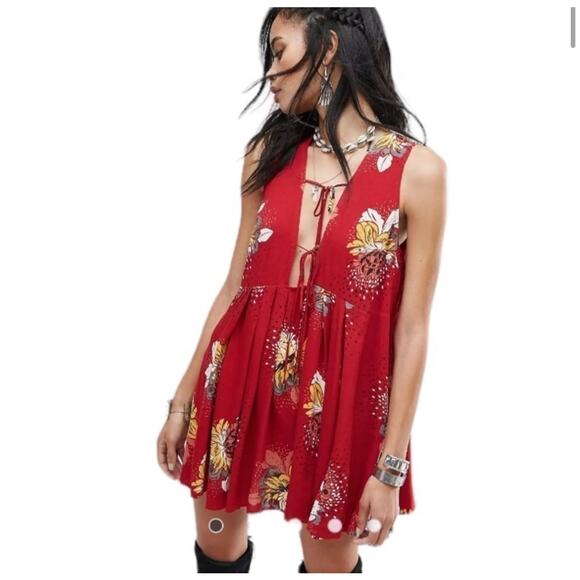 Free People Floral Sleeveless Dress M Red Yellow Boho Open Back Tie Festival - Picture 1 of 8